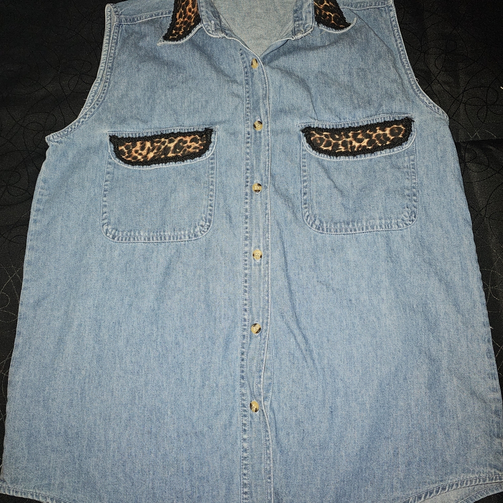 Topman Blue Denim Sleeveless Top with Leopard Accents